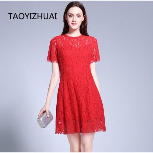 TAOYIZHAUI New Chinese Style Above Knee Slim Red Color Elegant Festival Party Women Lace Dress Large Size 100% Polyester 21830