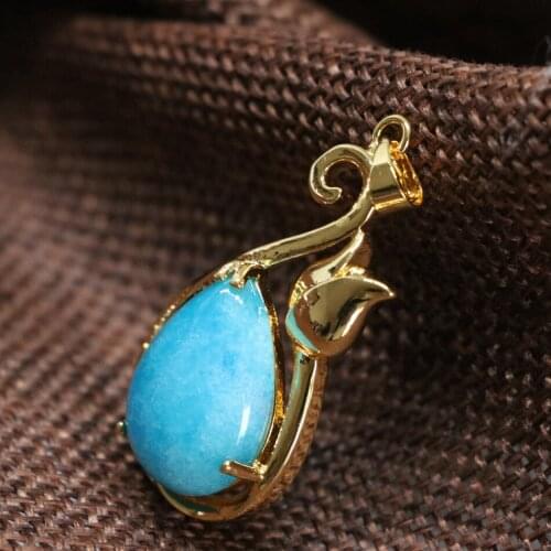 Gold-color silver-color drop flower pendant inlay hollow blue stone jades chalcedony teardrop fashion jewels 18*32mm B1854