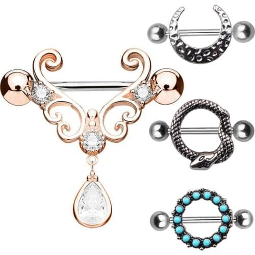 1 Pcs Fashion Snake Shaped Pierced Clip On Moon Fake Nipple Ring Stainless Steel Piercing Body Jewelry