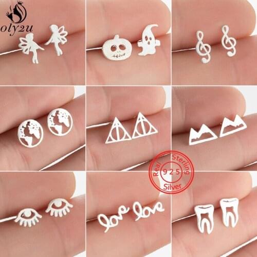 100% 925 Silver Jewelry Earings Geometric Map Music Fairy Pumpkin Love Stud Earrings Women Hypoallergenic Earing Hallowmas Gift