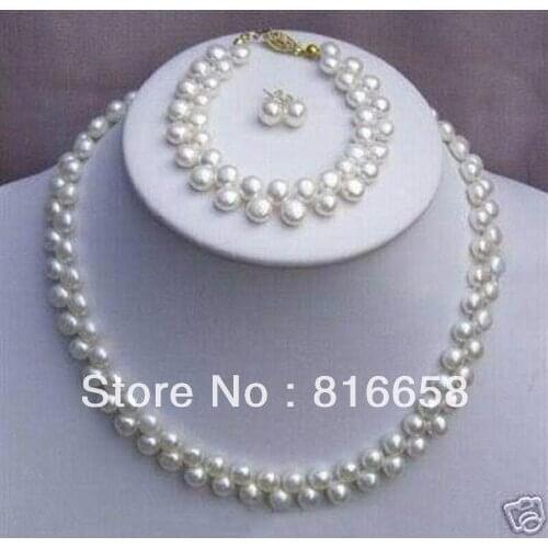 7-8mm White Freshwater Cultured Pearl Necklace Bracelet Earring set