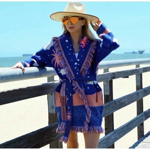 Boho Inspired ocean knitted cashmere belted cardigan Womens Blue Motif Pattern Fringed Trim Cardigan coat 2021 winter new