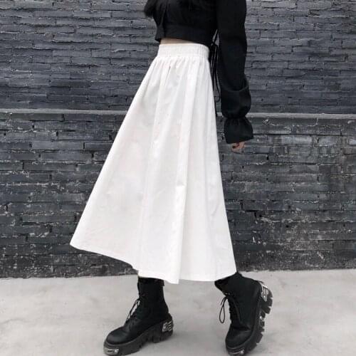 Autumn Winter Skirts Womens 2021 New Mid-length High-waist Ins White Black Pleated A-line Long Skirt