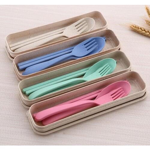 Three-piece Set Portable Reusable Cutlery Set Outdoor Camping Travel Fork Spoon Chopsticks Wheat Straw Tableware Cutlery Set