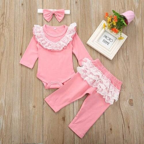 Baby Girl Long Sleeve Lace Design Romper Tops Trousers Headband Outfits Clothes 0-24M autumn baby suit