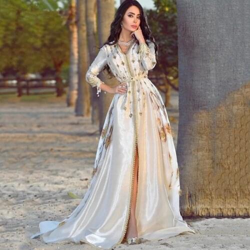 Moroccan Kaftan Caftan Muslim Evening Dresses A-line V-neck 3/4 Sleeves Appliques Dubai Arabic Turkey Abaya Islamic Gown