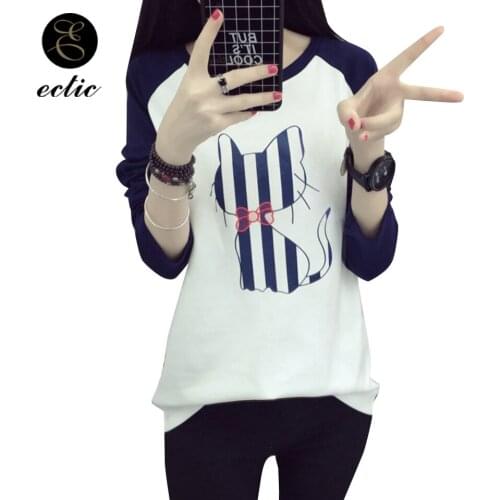 Cute Korean Clothes With Cats Cartoon Print T Shirt Vetement Femme 2021 Owl Tshirt Women Color Block T Shirt With Long Sleeves