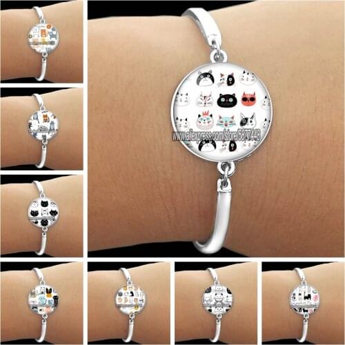 Cute Cartoon Cat Face Expression Girl Charm Bracelet Fashion Anime Cat Glass Cabochon Bangles Lovely Kitten Face Glass Bracelets