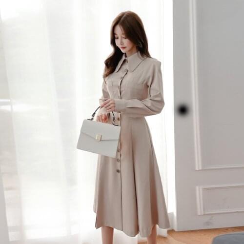Fashion Work Wear Autumn Long Turn-down Collar Trench Dress Womens Outwear Elegant Korean Sashes For Women Office Vestidoes