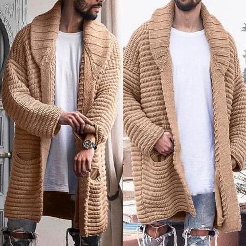 Men Turn-Down Collar Cardigan Autumn Winter Pocket Solid Mid-Length Jacket Knitted Casual Male Sweater Khaki