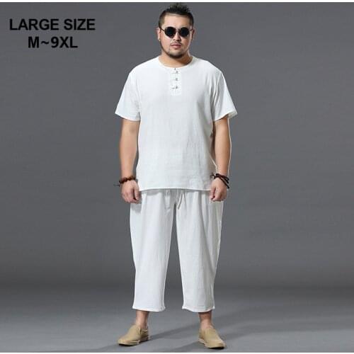 Men Summer Set T-shirts & Eight-length Pants Man Super Plus Size M-9XL Loose O-neck Short Sleeve T-shirt & Trousers 7XL 8XL 9XL