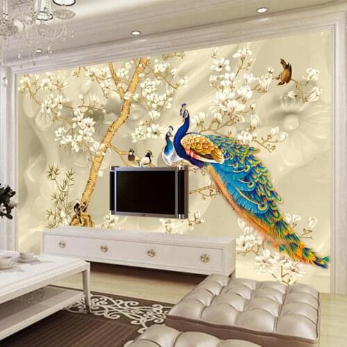 Custom Mural Wallpaper 3D Stereo Magnolia Flowers Peacock Wall Painting Living Room TV Sofa Background Wall Papers For Walls 3 D
