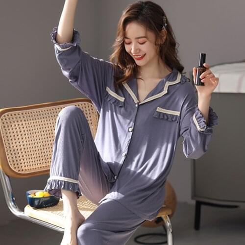 Fashion Ins Spring Autumn Pajamas For Women Modal Comfortable Sleepwear 2 Piece Set Lapel Long Sleeve Ladies Pijama Suit 3XL