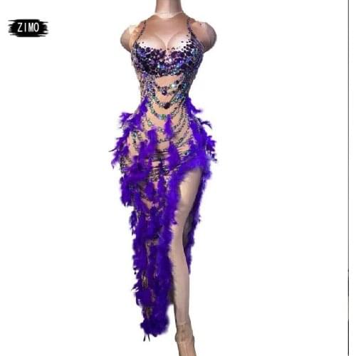 Purple Feather Crystal Rhinestone Dress Women Sexy Stretch High Slit Prom Club Party Fairy Dress Singer Stage Show Dance Costume