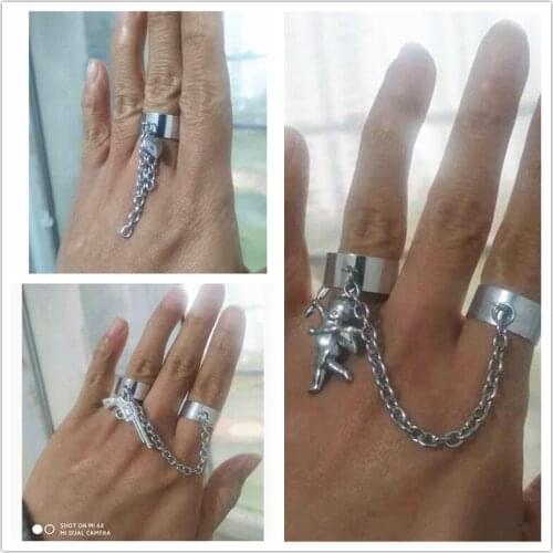 Adjustable Size Punk Hip Hop Rock Chain Ring Cupid Gun Circles Heart Tassel Ring Girlfriends Gothic Jewelry Alloy di008