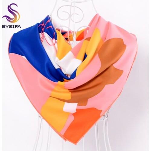 [BYSIFA] Ladies Pink Silk Scarf Shawl Fashion Accessories Twill Large Square Scarves Wraps 90*90cm Geometric Pattern Scarves