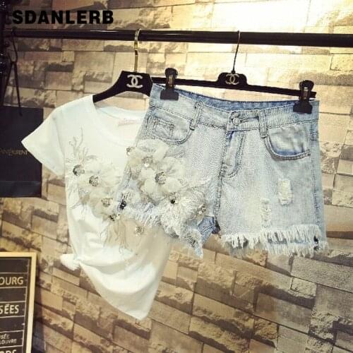 2020 Summer New Fashion Flowers T-shirt White Tee + Denim Jean Shorts Twopiece Set Women Ripped Hole Jeans Sets Female Outfit