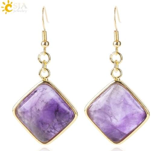 CSJA Natural Stone Rhombus Earrings Gold Color Geometry Dangle Earring Square Beads Purple Crystal for Women Charms Jewelry F501