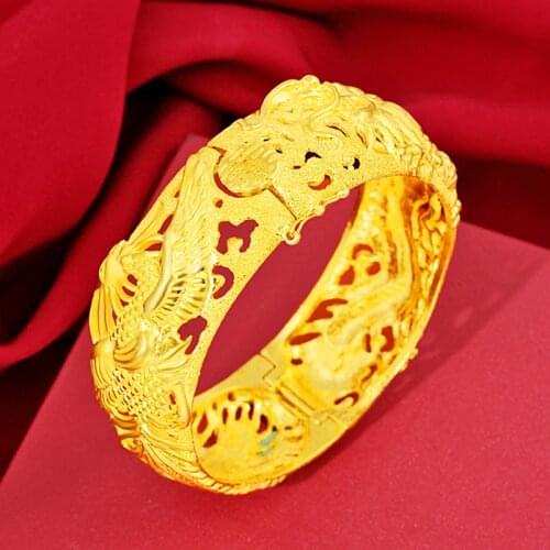 24k Yellow Gold Bracelet For Women Vietnam Sand Gold Dragon Phoenix Hand Chain Bracelet Female Bride Wedding Fine Jewelry