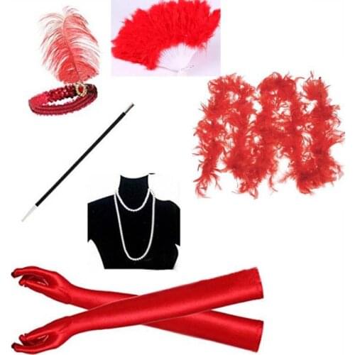 Party Women Ladies Headband Feather Boa Hand Fan Gloves Necklace Props Costume Accessories Set Fancy Dress Carnival Cosplay