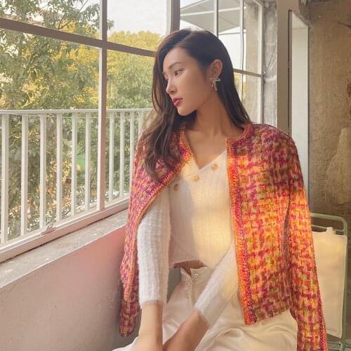 Autumn 2021 High End Short 100% Wool Tweed Coat Women O Neck Long Sleeves Plaid Plus Size Streetwear Jackets