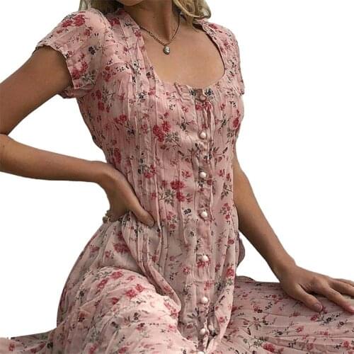 Summer Female Vintage Square Neck Short Sleeve Floral Print Buttons Party Large Hem Midi Dress for Y2k Women 2021