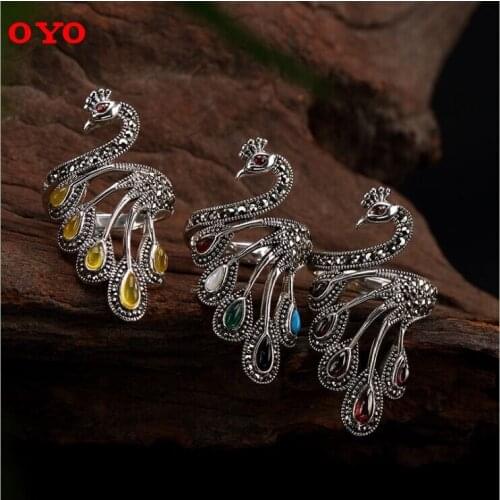 100% real S925 sterling silver vintage inlaid chalcedony peacock ring