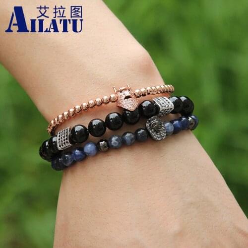 Ailatu Wholesale 10pcs/lot 8mm Black Onyx Stone with Triangle Cubic Zirconia Men Energy CZ Bracelet Party Gift