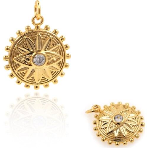 14K Gold Zircon Accessories Necklace Pendant Sun Coin Shape Light Gold Color Preservation DIY Jewelry Accessories