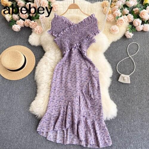 Irregular Ruffles Floral Dress Women Design Elastic Ruched Slash Neck Dresses Summer Boho Print Beach Sundress