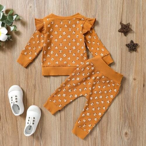 2021 2Pcs Children Autumn Tracksuit, Floral Ruffled Long Sleeves Pullover + Bowknot Pants for Girls, 6 Months to 4 Years