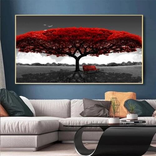 Art Red Tree Bench Landscape Canvas Painting Black and White Posters and Prints Modern Wall Art Pictures for Home Decoration
