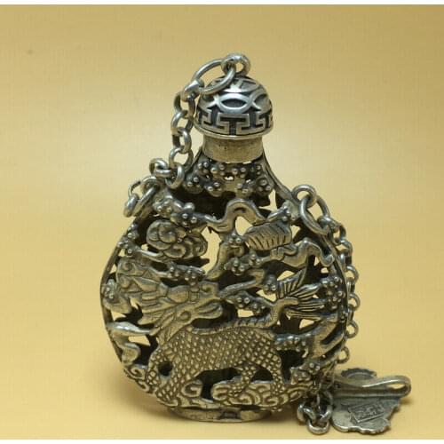 Chinese Tibetan silver old copper hand carved Kirin phoenix statue snuff bottle