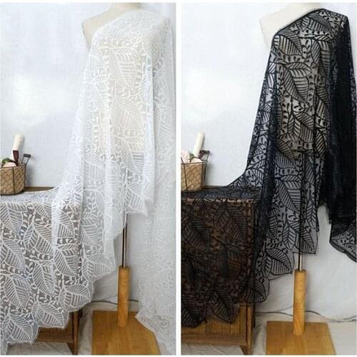 Leaf Pattern Chantilly Lace Trim, Single Side Eyelash Border Trim Lace, Black/ Off White French Lace Fabric