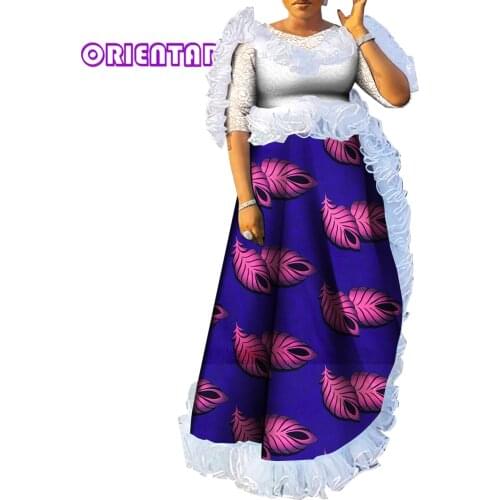 Fashion African Dresses for Women White Lace and African Print Patchwork Maxi Dress Evening Party Dashiki Africa Clothes WY659