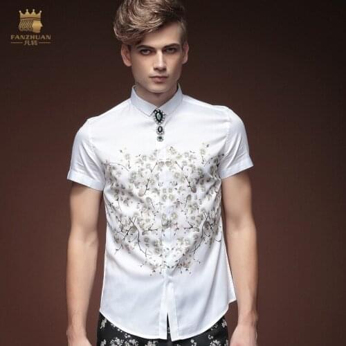 FanZhuan Free shipping New Spring male summer mens collar flower white square leisure shirt printing 15321 tide On Sale