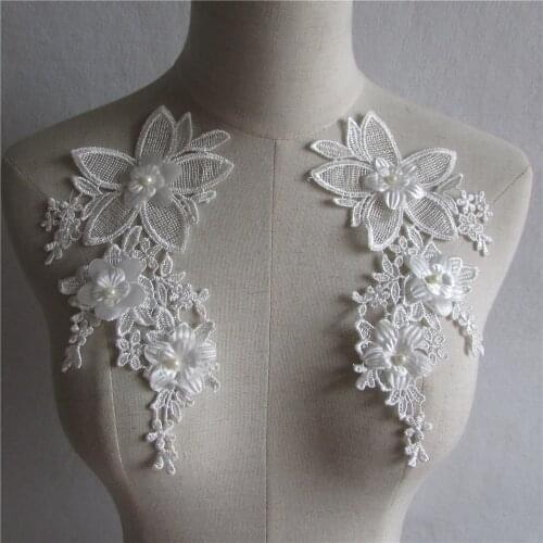New style white Floral Applique pearl Decorated DIY Lace Collar Fabric Sewing Applique Supplies a pair for sale YL554
