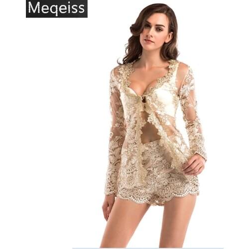 MEQEISS Autumn Long sleeve Two Piece set Women Elegant Transparent Mesh Bodysuit women Floral Lace Embroidery Overall suits