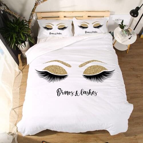 Eyelash Bed Linen Gold and Black Cute Eyes Pattern Bedding Set Quilt Cover Set 2/3 Piece Funny Duvet Covers for Home