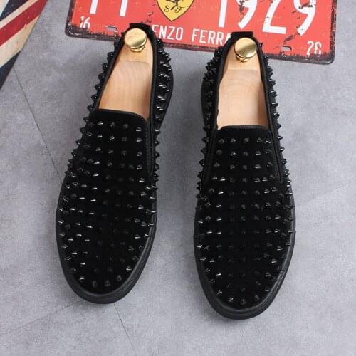 British luxury fashion men rivets shoes slip-on flats platform shoe black genuine leather loafers punk hip hop sneakers zapatos