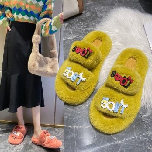 Outdoor Fluffy Plush Fur Sandals Slippers With Rubber Soles Non-Slip Indoor Slippers For Home Candy color antiskid warm slippers