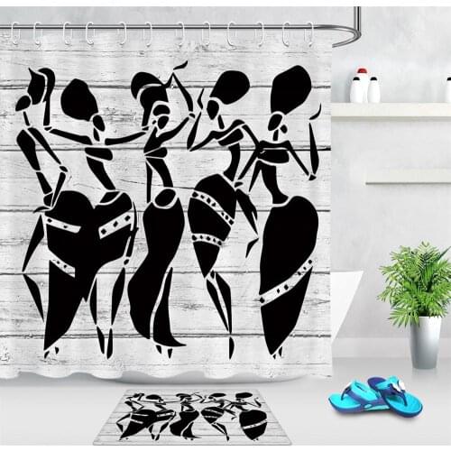 Distinctive Cartoon African Woman Waterproof Bathroom Shower Curtain Wood Texture Polyester Fabric Bath Curtain with Hooks