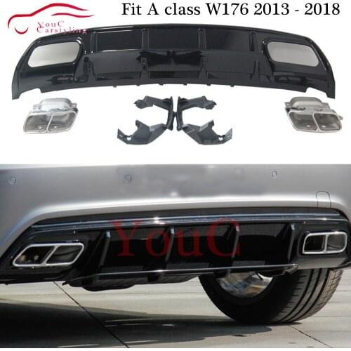 W176 Rear Bumper Black Diffuser with 4-outlet Exhaust Tips for Mercedes A class W176 2013 - 2018 A180 A200 A45 AMG Package