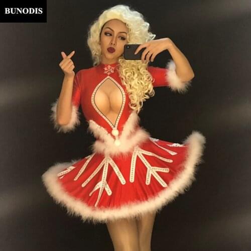 ZD397 Christmas Style Women Sexy Red Short White Fluff Skirt Nightclub Party Stage Wear Dancer Singer Bling Costumes