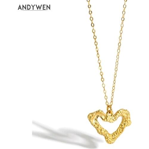 ANDYWEN 925 Sterling Silver Gold Heart Chain Pendant Necklace Women Fashion Crystal Fashion Fine Jewelry 2020 Rock Punk Gift