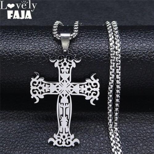 Stainless Steel Gothic Flower Cross Necklaces Pendants Women/Men Black Silver Color Necklaces Chain Jewelry pendentifs N7040S03