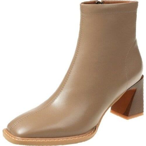 Woman Shoes Leather Boot Women Calf Booties 5 CM Med Heels Square Toe Autumn Winter England Style Sock Boot