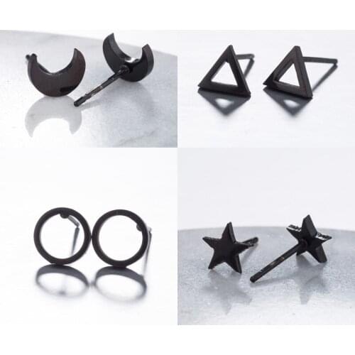SMJEL 4 Pairs/Set Tiny Round Triangle Earrings Geometric Crescent Moon Black Earring Stud For Women Stainless Steel Jewelry