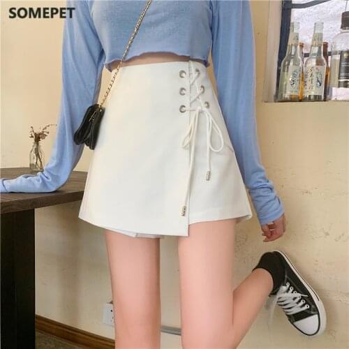 2021 Women High Waist Shorts Skirt Korean Wide Leg Shorts Harajuku Irregular Drawstring White Shorts Casual Office Wear Fashion