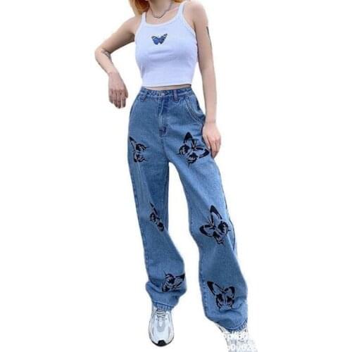 2021 New Summer Vintage Jeans Woman Long Wide Leg Trousers Cowboy Female Loose Streetwear Butterfly Print Pants